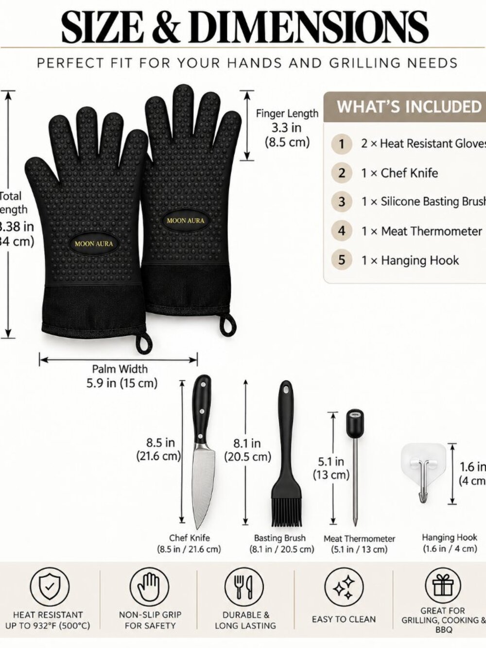 Moon Aura BBQ Gloves - Heat Resistant Oven Mitts for Grilling, Baking & Smoking